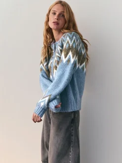 Nothing Ordinary Check Fairisle Pattern Knit Zip Through Jumper With Wool Blue New