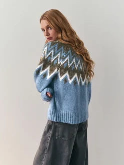 Nothing Ordinary Check Fairisle Pattern Knit Zip Through Jumper With Wool Blue New