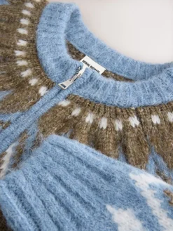 Nothing Ordinary Check Fairisle Pattern Knit Zip Through Jumper With Wool Blue New