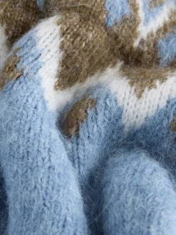 Nothing Ordinary Check Fairisle Pattern Knit Zip Through Jumper With Wool Blue New