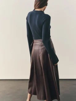 Nothing Ordinary Chocolate Brown Faux Leather Wrap Midi Kilt Skirt Best