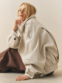 Nothing Ordinary Faux Leather Funnel Collared Biker Jacket Stone New