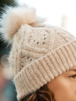 Next Oatmeal Pointelle Knit Pom Hat Clearance