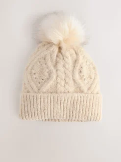 Next Oatmeal Pointelle Knit Pom Hat Clearance