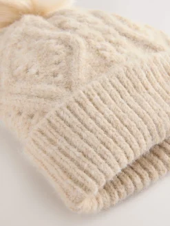 Next Oatmeal Pointelle Knit Pom Hat Clearance