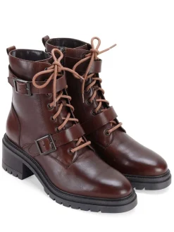 Off The Hook Parkside Block Heel Leather Combat Boots Brown New