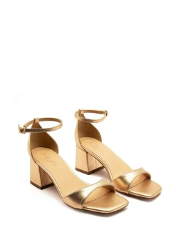 Off The Hook Knightsbridge Leather Block Heel Ankle Strap Sandals Gold Clearance