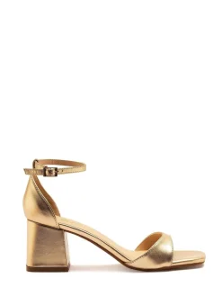 Off The Hook Knightsbridge Leather Block Heel Ankle Strap Sandals Gold Clearance