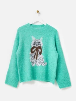 Oliver Bonas Green Cat Crew Neck Knitted Jumper Clearance