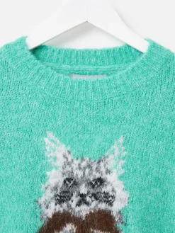 Oliver Bonas Green Cat Crew Neck Knitted Jumper Clearance