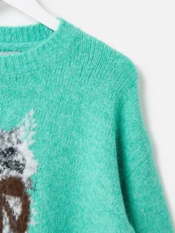 Oliver Bonas Green Cat Crew Neck Knitted Jumper Clearance