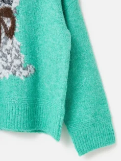 Oliver Bonas Green Cat Crew Neck Knitted Jumper Clearance