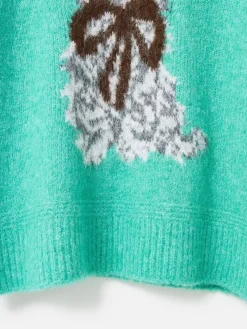 Oliver Bonas Green Cat Crew Neck Knitted Jumper Clearance