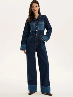 Omnes Blue Diya Contrast Denim 100% Cotton Jumpsuit Clearance