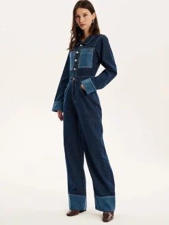 Omnes Blue Diya Contrast Denim 100% Cotton Jumpsuit Clearance