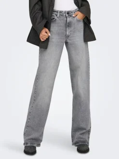 ONLY High Waisted Wide Leg 100% Cotton Jeans Grey New