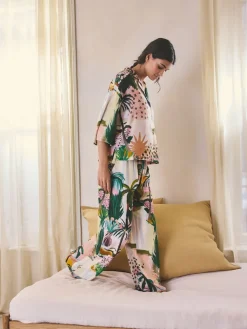 Next Orange Palms Viscose/Linen Blend Button Through Pyjamas