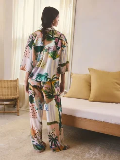 Next Orange Palms Viscose/Linen Blend Button Through Pyjamas