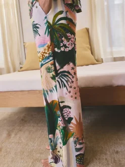 Next Orange Palms Viscose/Linen Blend Button Through Pyjamas