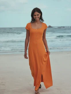 Next Short Sleeve Jersey Button Through Maxi Dress Orange Best