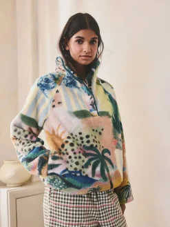 Next Printed Borg Fleece Top Orange Tropical Scene New
