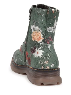 Pavers Lace Up Floral Boots Green Clearance