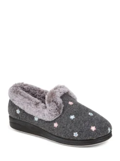 Pavers Grey Floral Faux Fur Slippers Sale