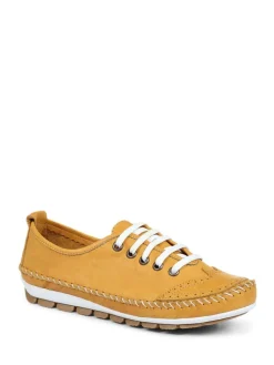 Pavers Yellow Ladies Leather Lace-Up Trainers Outlet