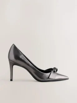 Next Forever Comfort® Bow Detail Leather Mid Court Shoes Pewter Clearance