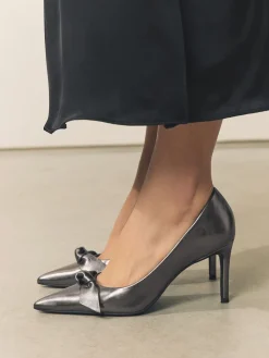 Next Forever Comfort® Bow Detail Leather Mid Court Shoes Pewter Clearance