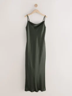 Next Pine Green Satin Cowl Neck Wedding Guest Bridesmaid Maxi Dress