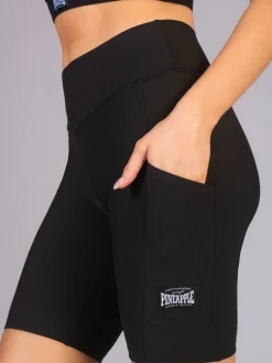 Pineapple Black Womens Rib Cycling Shorts with Pocket Sale