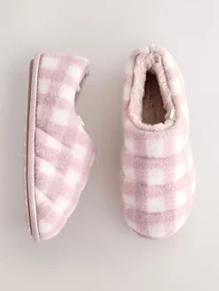 Next Quilted Faux Fur Shoot Slippers Pink Check Outlet