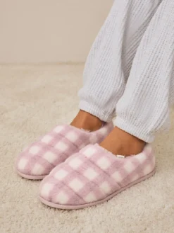 Next Quilted Faux Fur Shoot Slippers Pink Check Outlet
