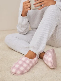Next Quilted Faux Fur Shoot Slippers Pink Check Outlet