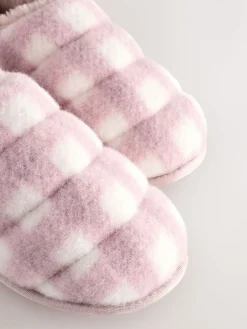 Next Quilted Faux Fur Shoot Slippers Pink Check Outlet
