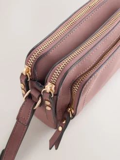 Next Double Zip Cross-Body Faux Suede Bag Pink New