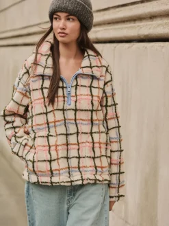 Next Pink/ Ecru Check Soft Touch Cosy Teddy Borg Quarter Zip Fleece New