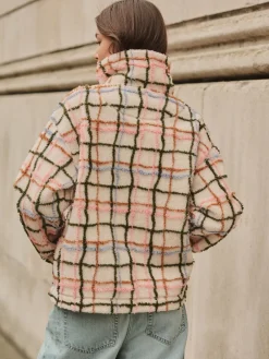 Next Pink/ Ecru Check Soft Touch Cosy Teddy Borg Quarter Zip Fleece New