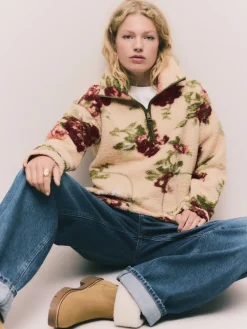 Next Pink Floral Print Soft Touch Cosy Teddy Borg Quarter Zip Fleece Clearance