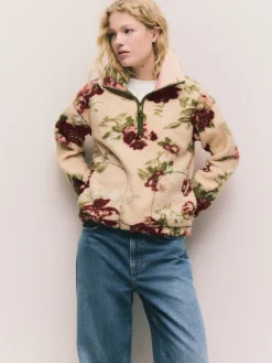 Next Pink Floral Print Soft Touch Cosy Teddy Borg Quarter Zip Fleece Clearance