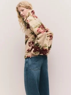 Next Pink Floral Print Soft Touch Cosy Teddy Borg Quarter Zip Fleece Clearance