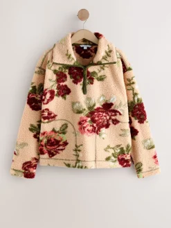 Next Pink Floral Print Soft Touch Cosy Teddy Borg Quarter Zip Fleece Clearance