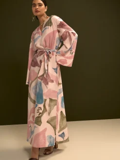 Next V-Neck 3/4 Length Sleeve Maxi Kaftan Dress Pink Floral Print Best