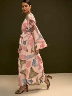 Next V-Neck 3/4 Length Sleeve Maxi Kaftan Dress Pink Floral Print Best