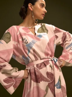 Next V-Neck 3/4 Length Sleeve Maxi Kaftan Dress Pink Floral Print Best