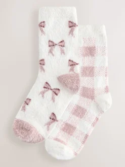 Next Pink Gingham/ Bows Superhairy Cosy Socks 2 Pack Clearance
