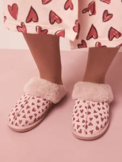 Next Pink Heart Faux Fur Lined Suede Mule Slippers Hot