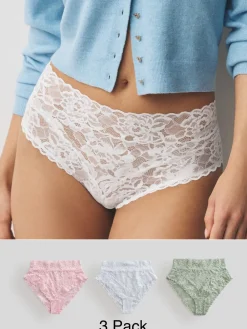 Next High Waist High Leg All Over Lace Knickers 3 Pack Pink Outlet