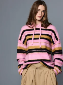 Next Pink Multi Stripe Brushed Knit Hooded Jumper New